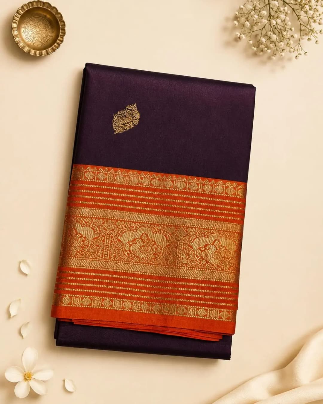 Semi Kanchipuram Saree wine Colour With Orange Border QS305618