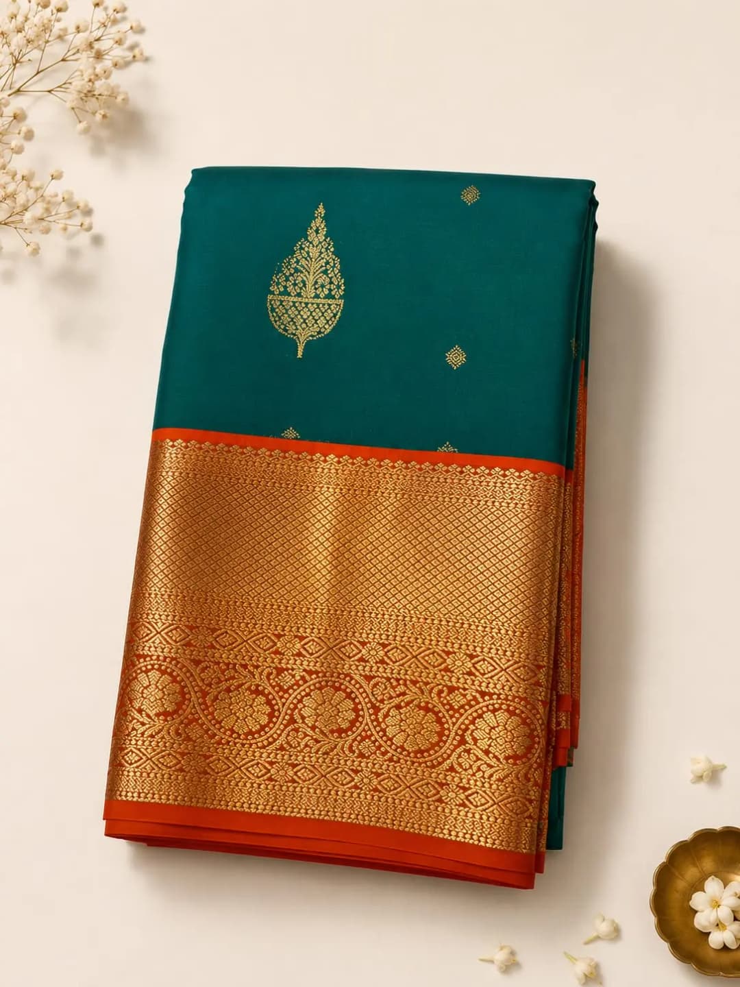 Semi Kanchipuram Saree Green Colour With Orange Border QS305618