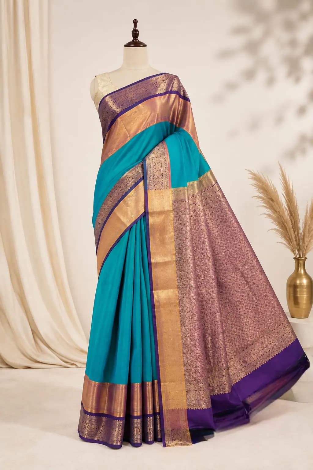 Pure Silk Saree Peacock Blue With Double Border AA315972