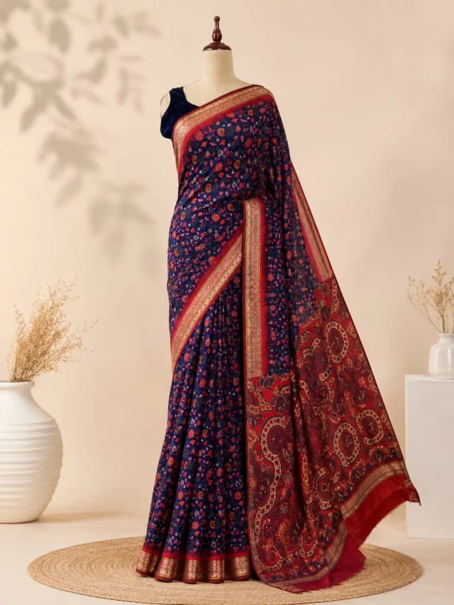 Chandari Block Print Saree Blue Colour AA314792