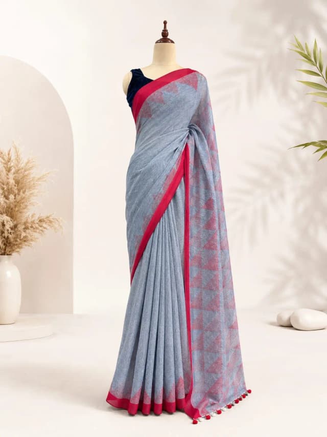 Pure Linen Saree With Gray &Red Border AA315946