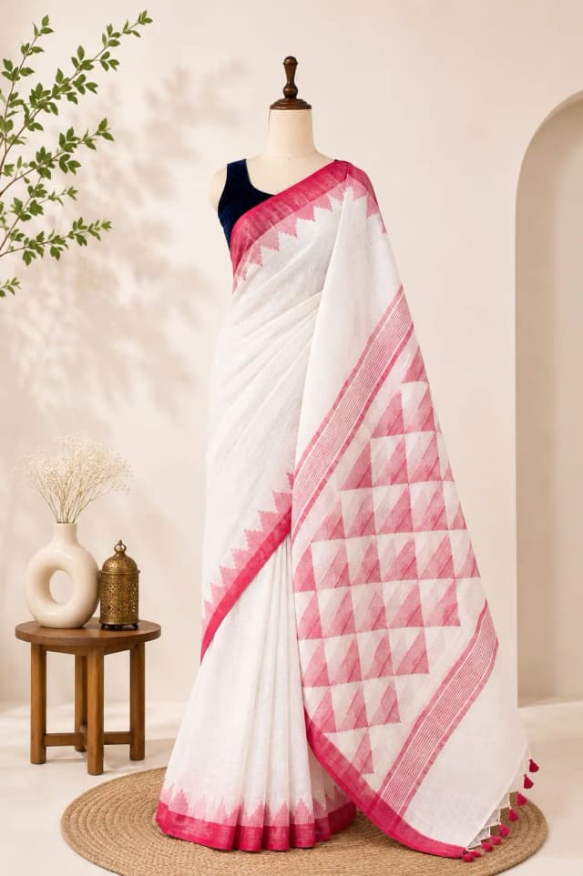 Pure Linen Saree With White & Red Border AA315946