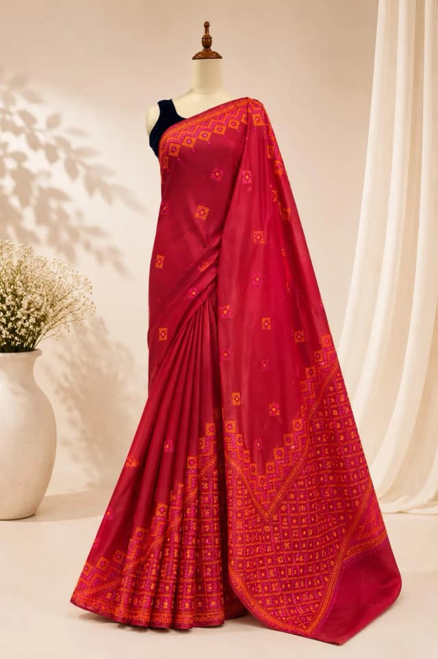 Semi Tussar Kutch Work Saree Red Colour AA317701