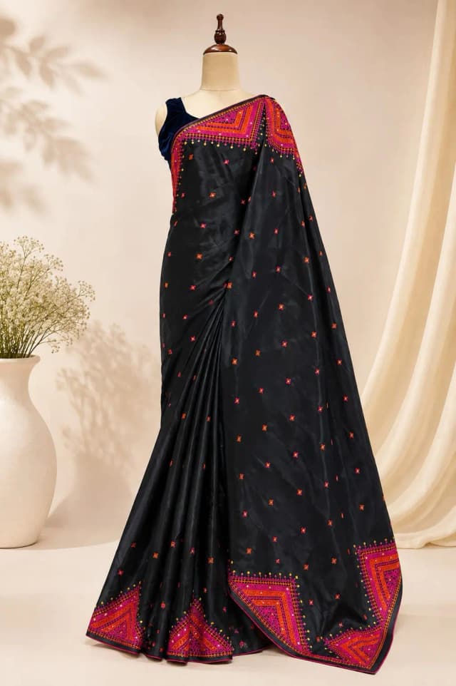 Semi Tussar Kutch Work Saree Black Colour AA317701