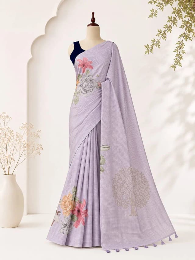 Semi Tussar Saree With Floral Print Lavender Colour AA308481