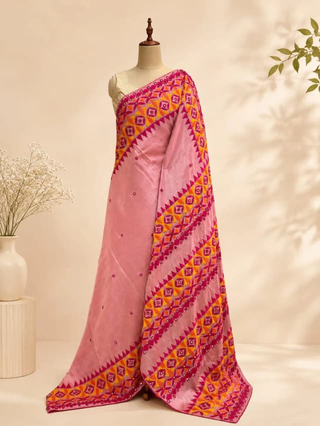 Pure Tussar Saree Kutch work Peach Colour AA318662