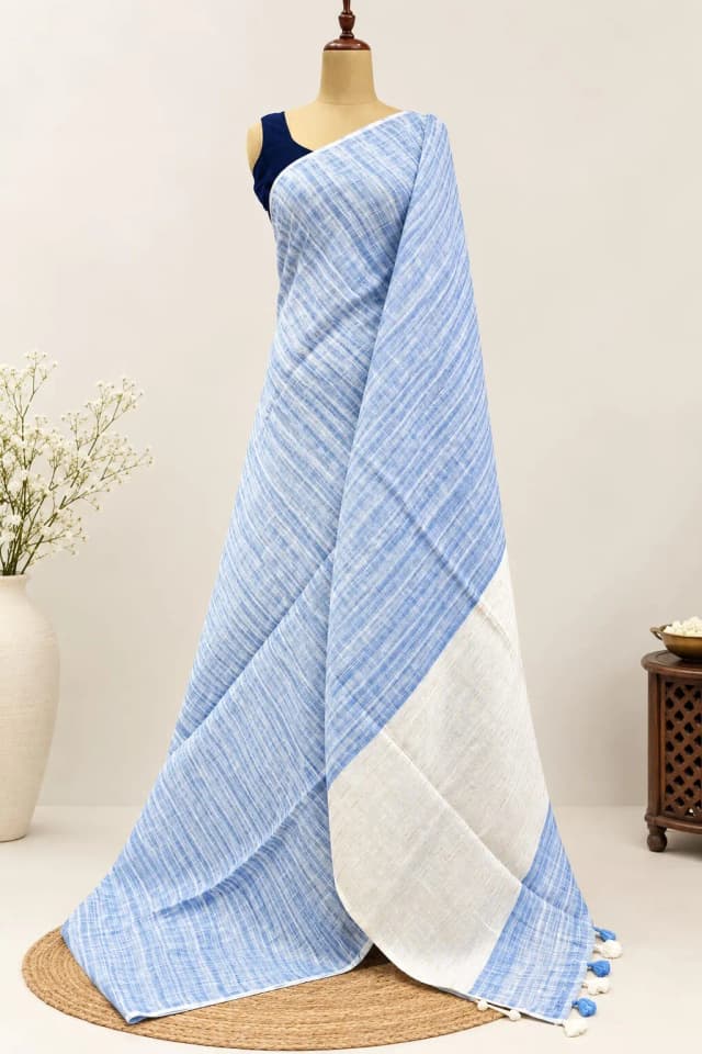 Linen Saree With White & Blue Colour AA317779
