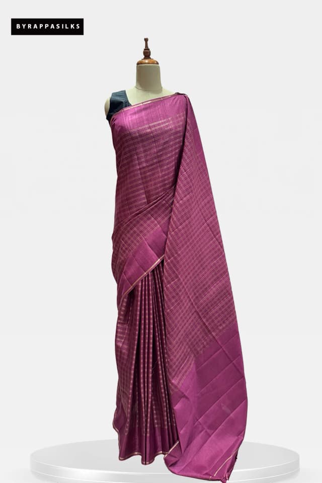 Semi Tussar Saree with Contrast Woven Check Magenta Pink QS268002