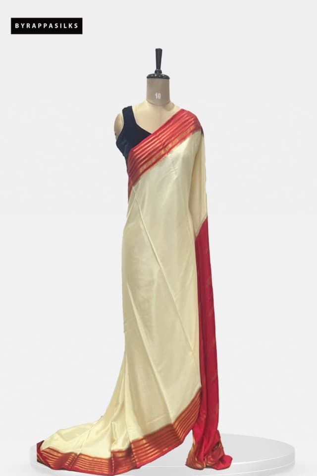 Pure Mysore Silk Saree with Off-White & Contrast Red Zari Border QS231739
