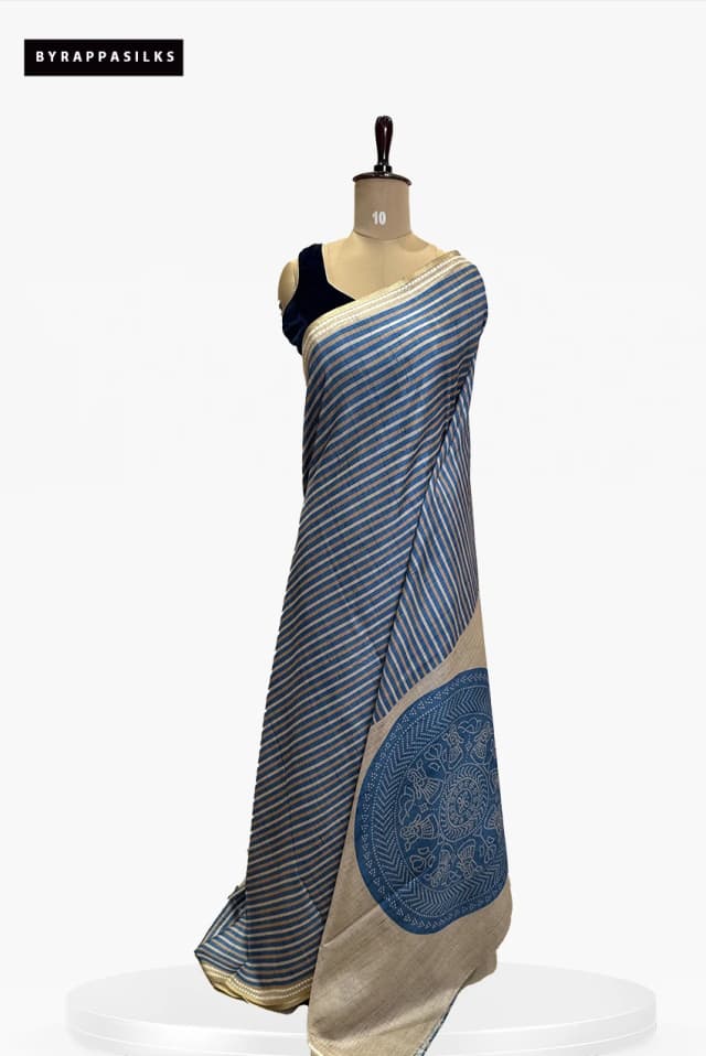 Semi Tussar Saree Diagonal Strip Design Blue QS267818