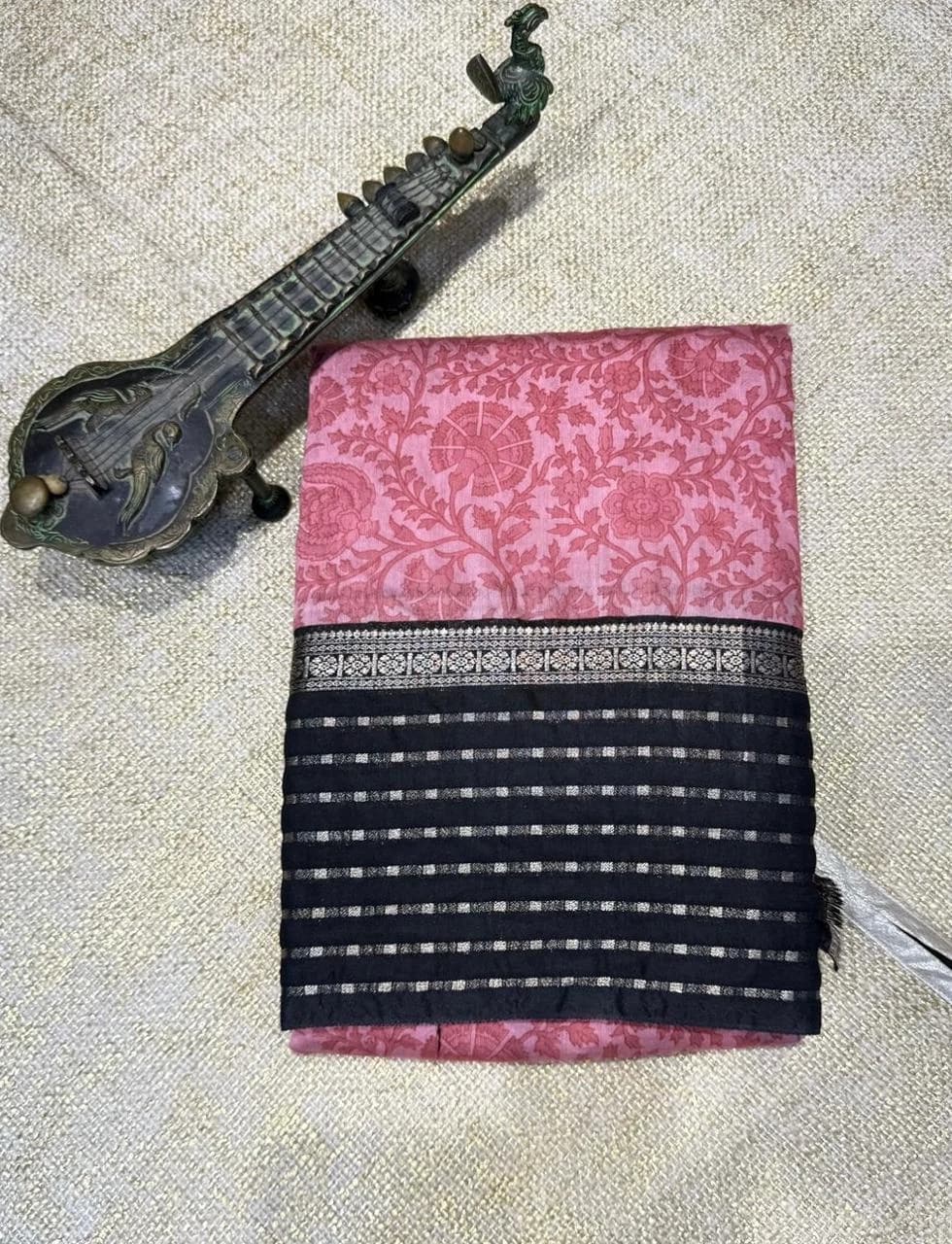 Chanderi Soft Silk Pink and Black Border QS255532