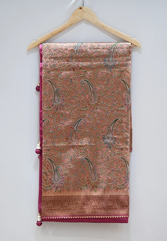 Flower and Leaf Banarasi with Red Floral and Paisley Weave QS254469