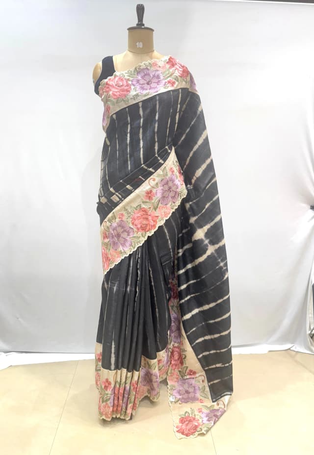 Tusser saree with sibori dyeing Black Colour QS286754