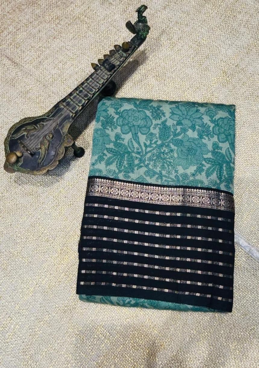 Chanderi Soft Silk Blue and Black Border QS255532