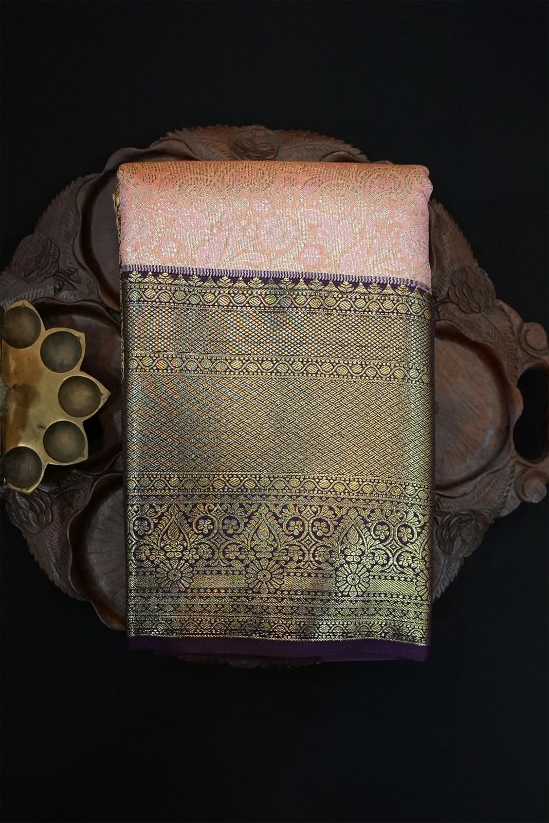 Tissue Brocade Saree - Light Pink With Rich Purple Border QS235742