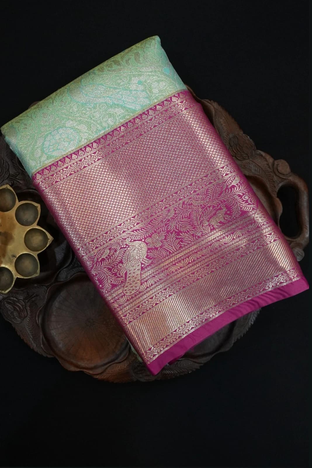 Tissue Brocade Saree - A mix of light green With Rich pink Border QS235619