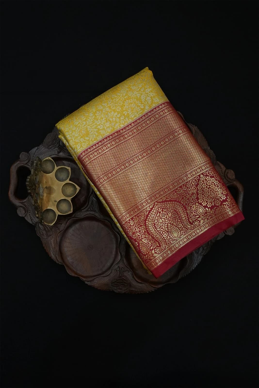 Tissue Brocade Saree - Yellow With Red Border QS235704