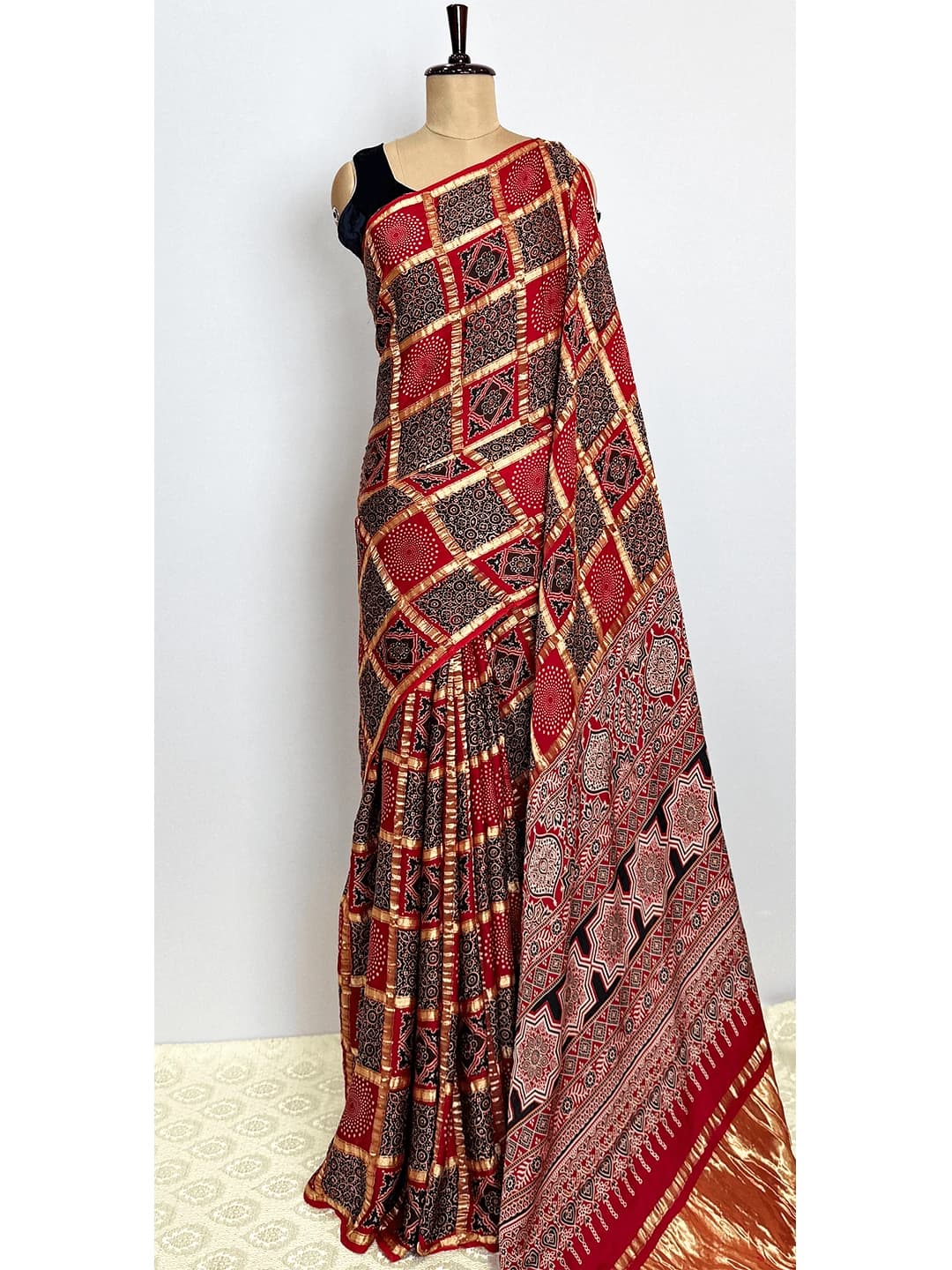 Ajrakh Modal Printed Saree - Maroon Colour - QS216471