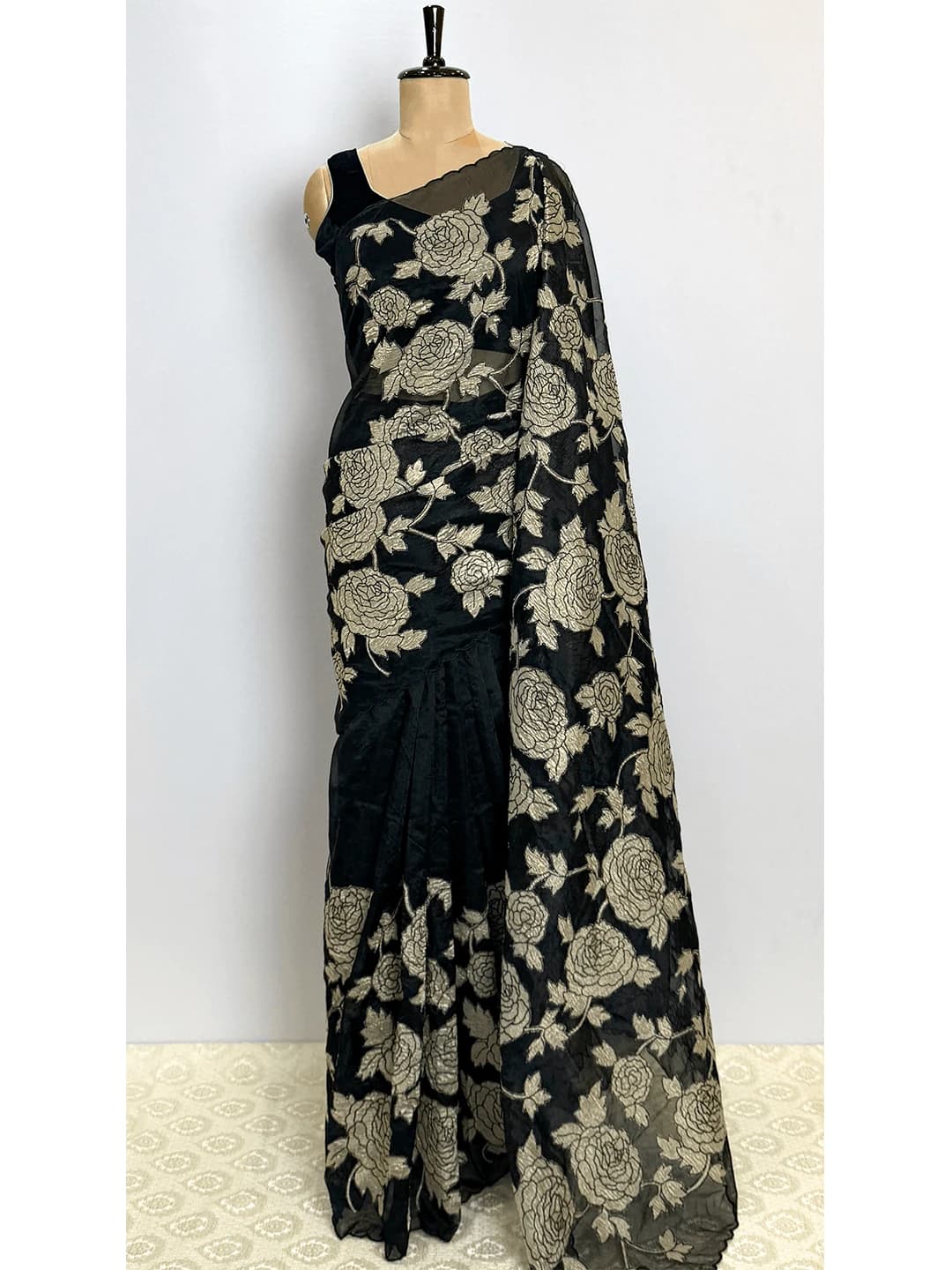Organza Saree With Golden Aplic Work - Black Colour - QS219538