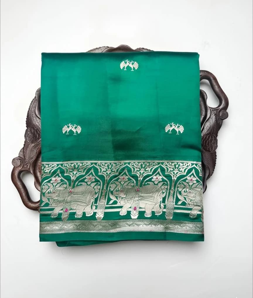 Puna Banarasi Elegant Dark Green Silk Saree with Elephant Zari Border QS242328
