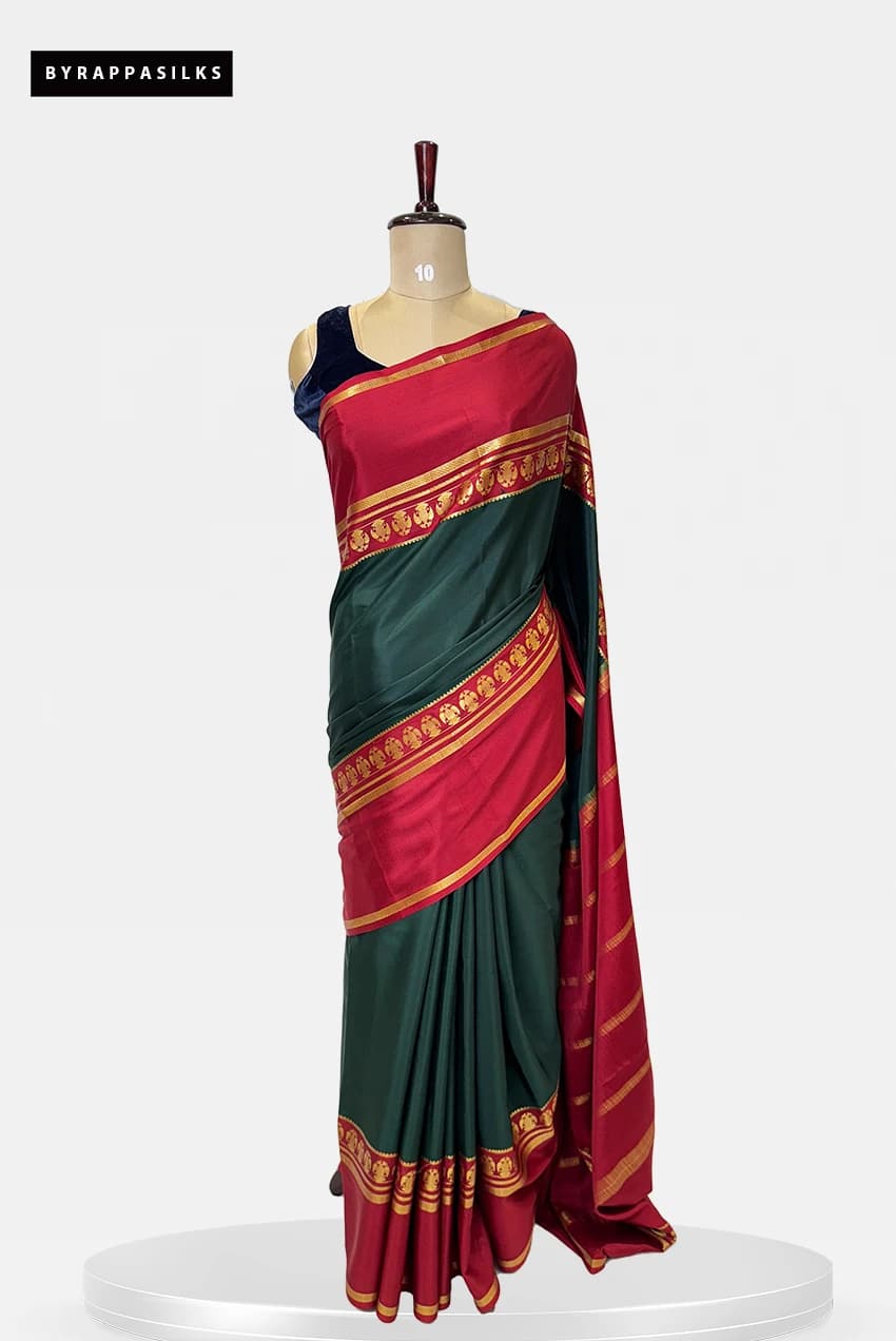 Pure Mysore Silk Gandaberunda Buttas Green Saree QS273160