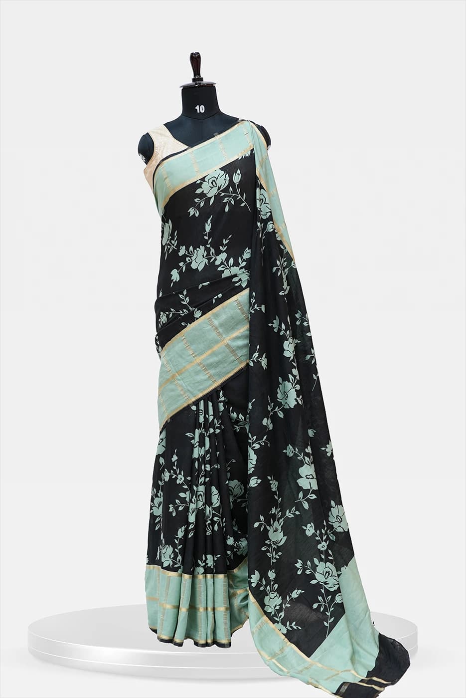 Chanderi Semi Silk Saree - black with mint green floral prints - QS251889