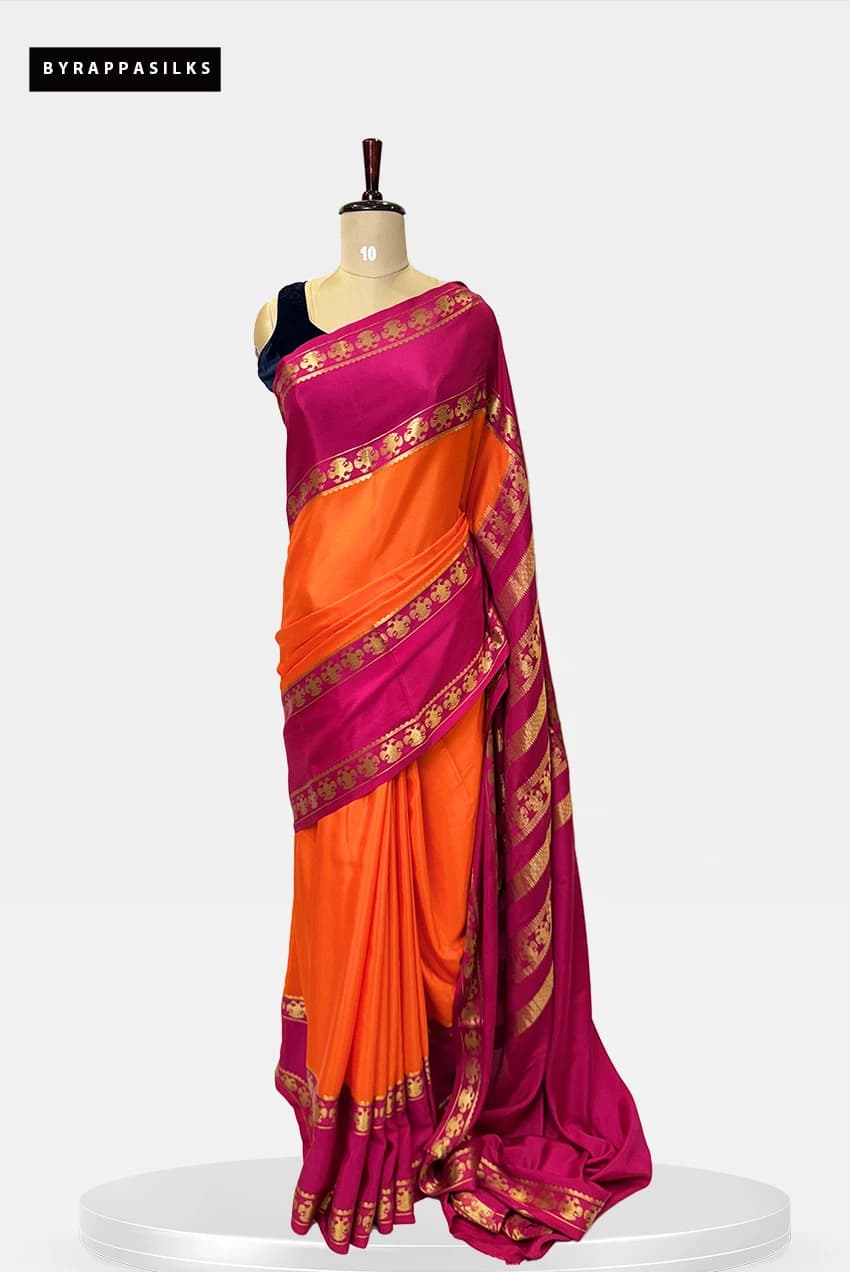 Pure Mysore Silk Gandaberunda Buttas Orange With Pink Saree QS273138