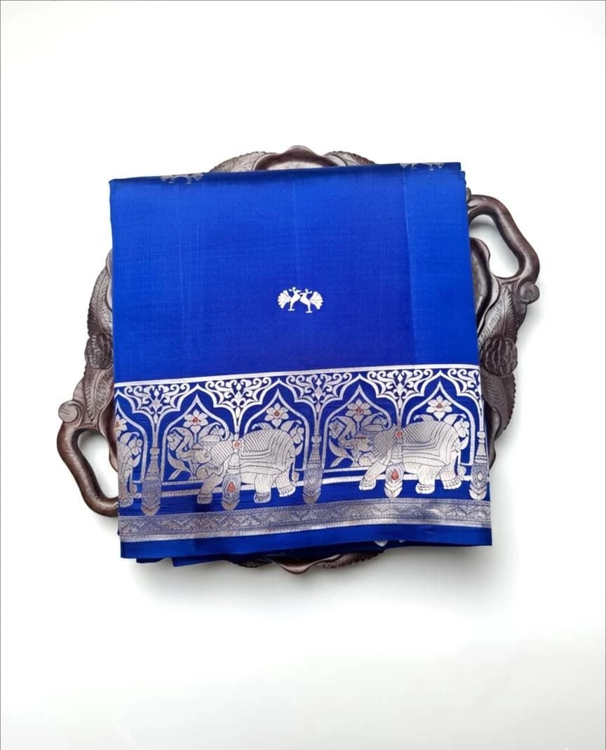 Puna Banarasi Blue Silk Saree with Elephant Zari Border QS242325