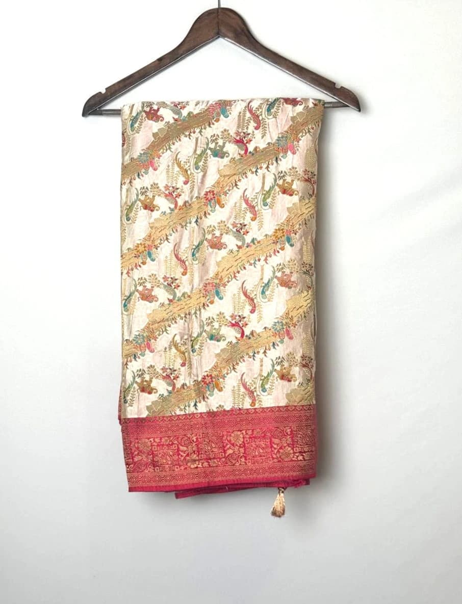 Rangkat Banarasi Half White Saree with Multi-Colored Floral Bird Motifs and Red Border QS262846