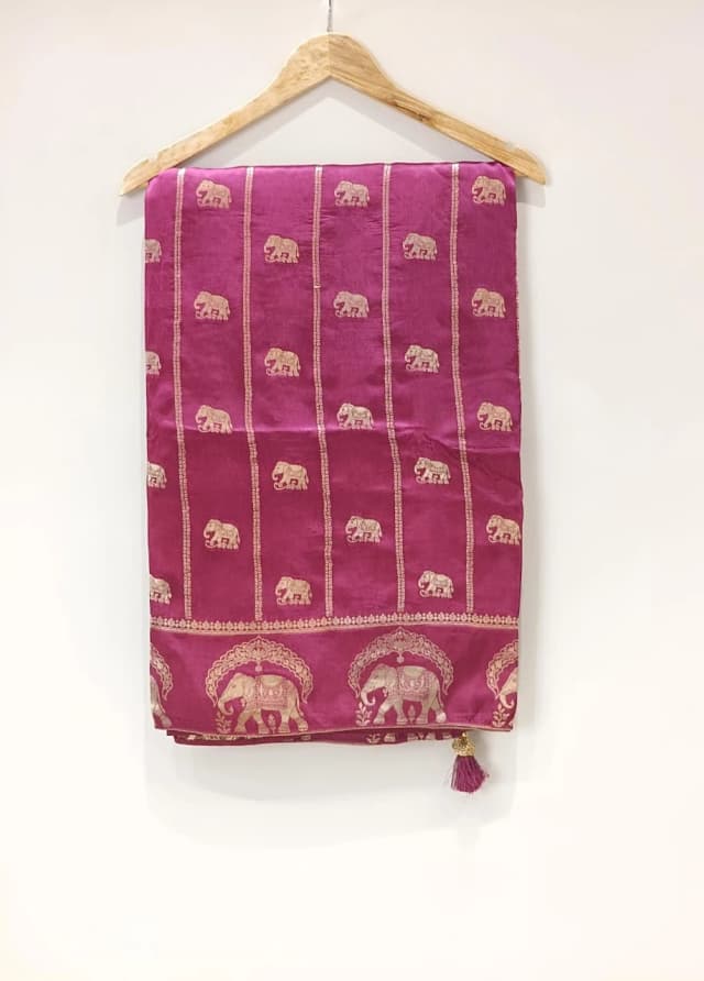 Navratri Tussar Handloom Silk Saree with Elephant Motif Hot Pink QS253690