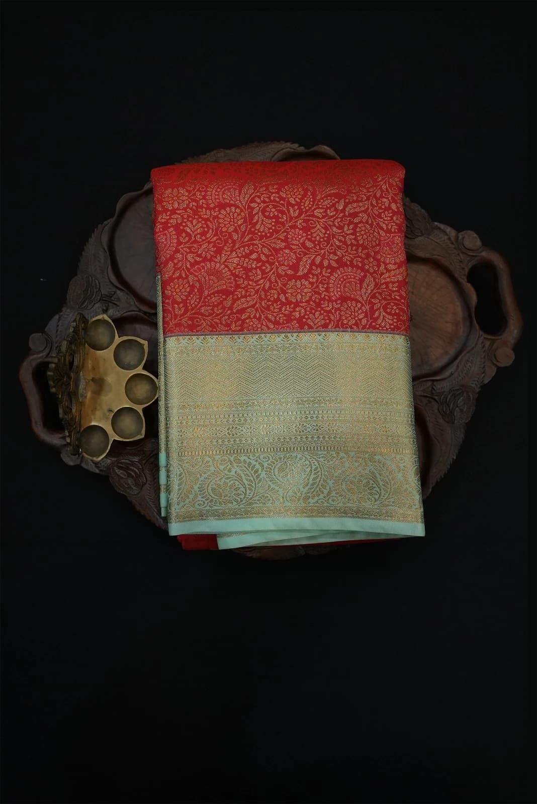 Tissue Brocade Saree Bright Red With Tale Blue gold Zari Border QS235936