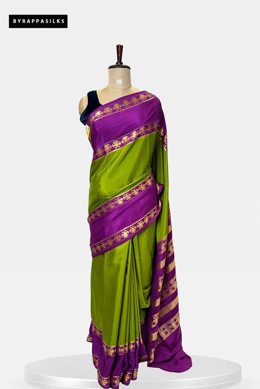 Pure Mysore Silk Gandaberunda Buttas Green With Purple Saree QS273135