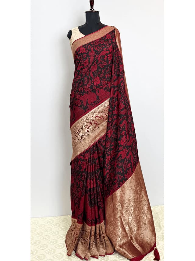 Kalamkari With Kanchi Border Saree - Black With Red Border - QS216016
