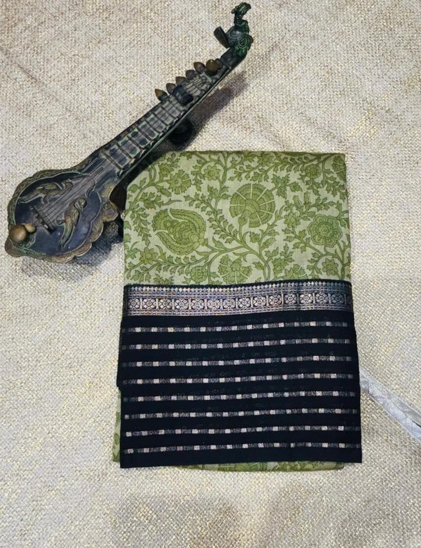 Chanderi Soft Silk Green and Black Border QS255532
