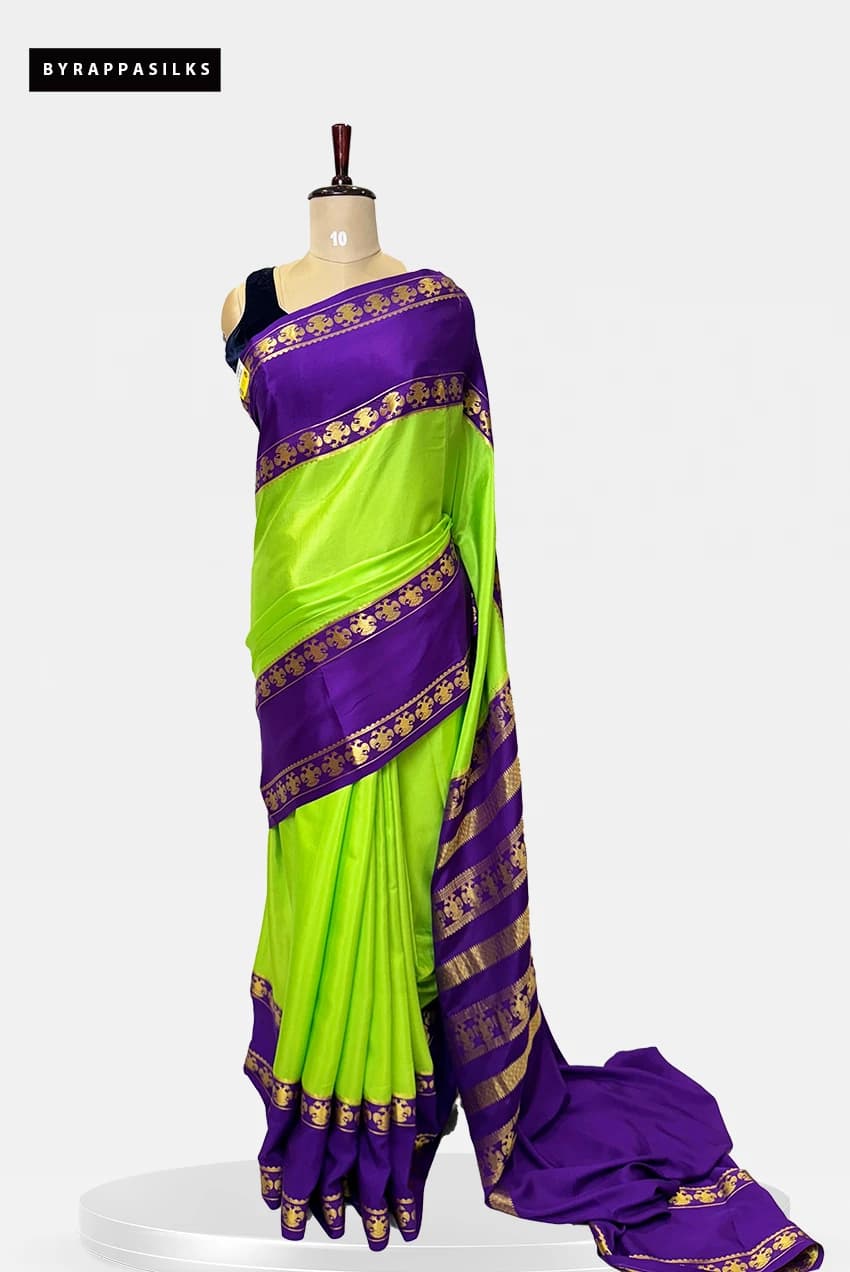 Pure Mysore Silk Gandaberunda Buttas Parrot Green With Blue Saree QS273139