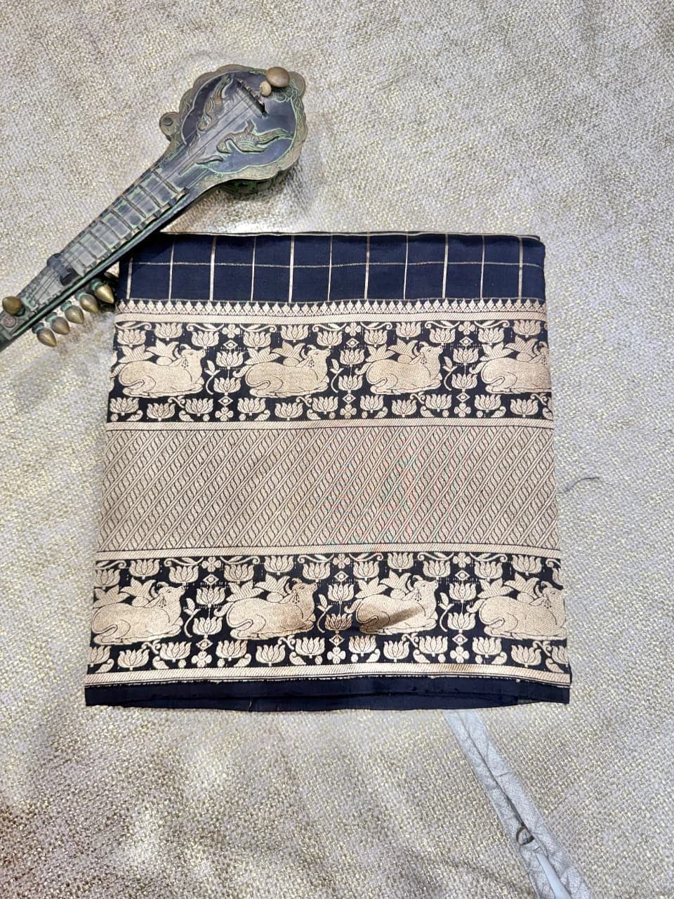 Puna Banarasi Handloom Black wide central panel of diagonal zari lines QS206169