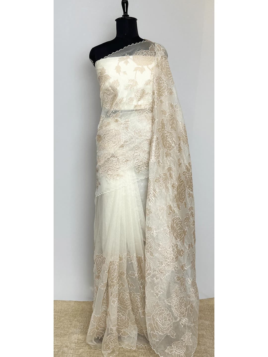 Organza Saree With Aplic Work - White Colour - QS212142