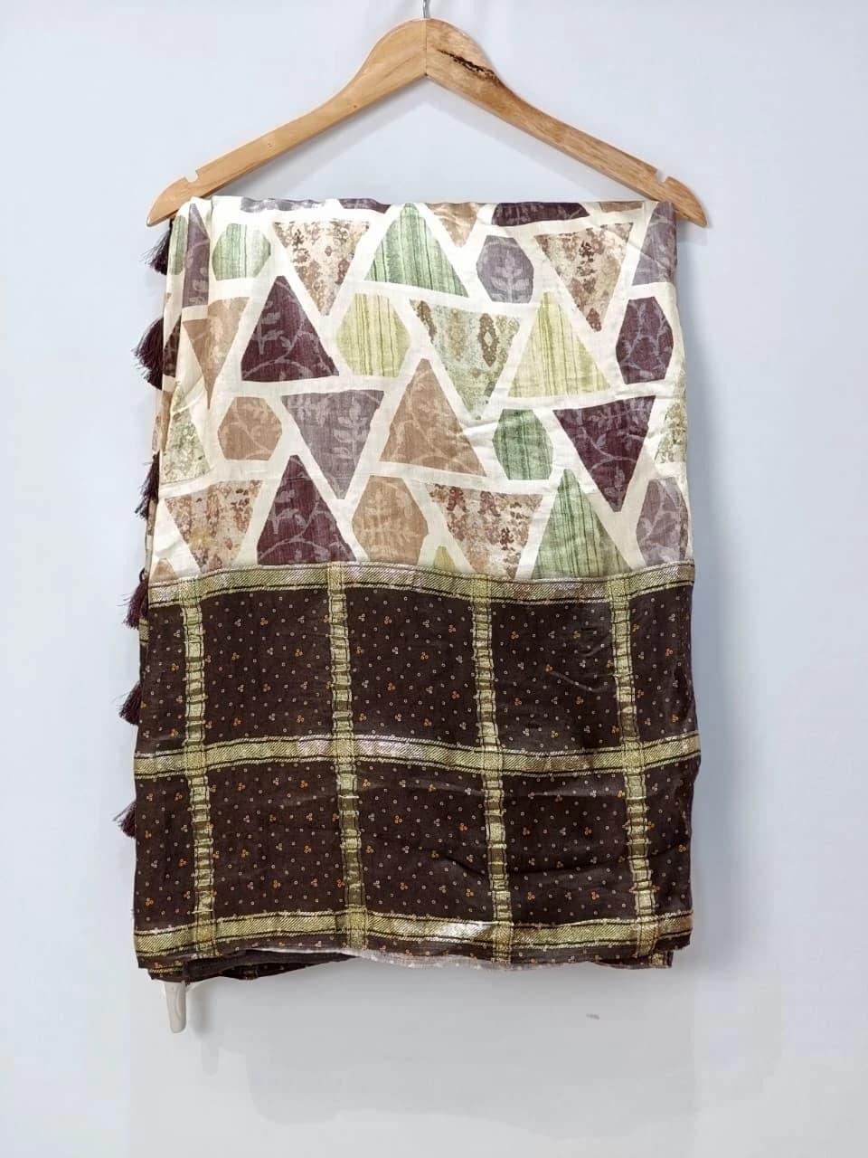 Bandhani Blast Brown & Mustard Yellow Batik Saree with Golden Checks