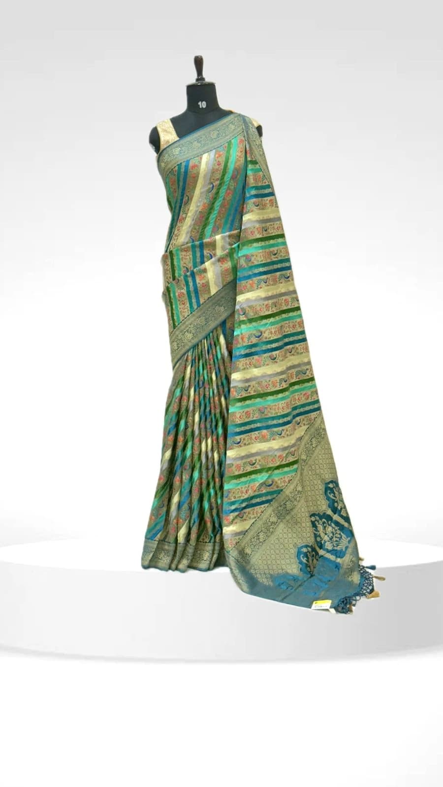 Rangkat Banarasi Saree Green & Blue with Peacock & Floral Motifs and Navy Zari Border QS239066