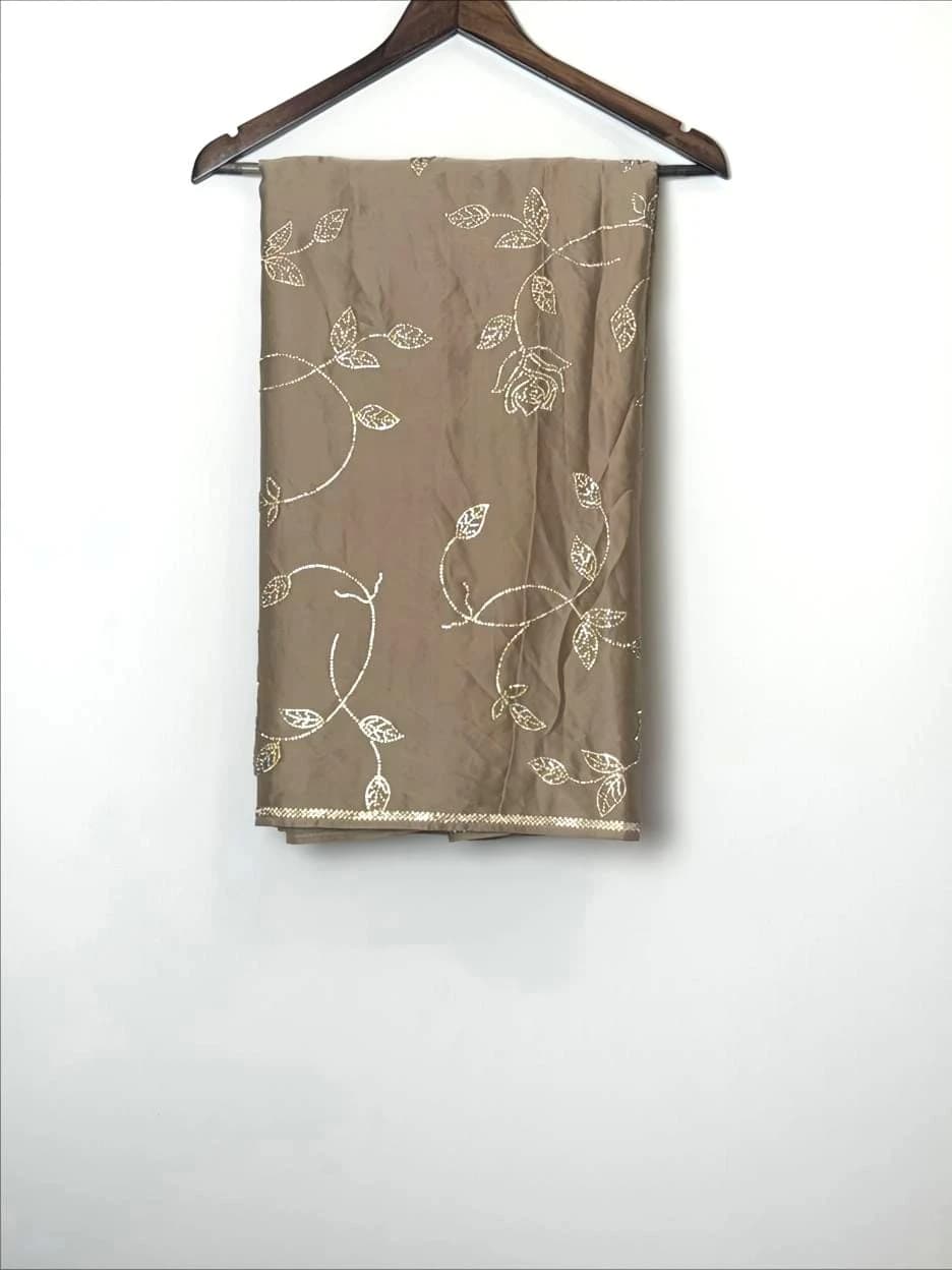 Ash Brown Blend Saree with Gold Floral and Vine Embroidery QS262547