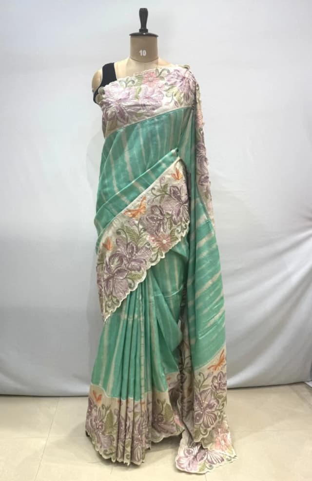 Tusser saree with sibori dyeing Green Colour QS286754